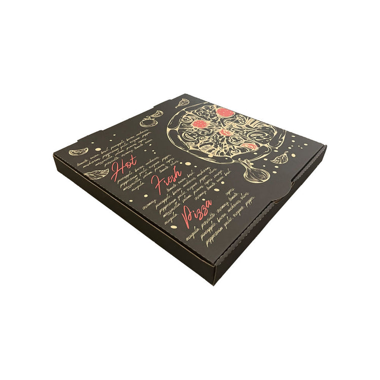 Pizza Box Gallery 11" x 42mm - Kraft/Design 10 - Black & Red - Hot Fresh Pizza