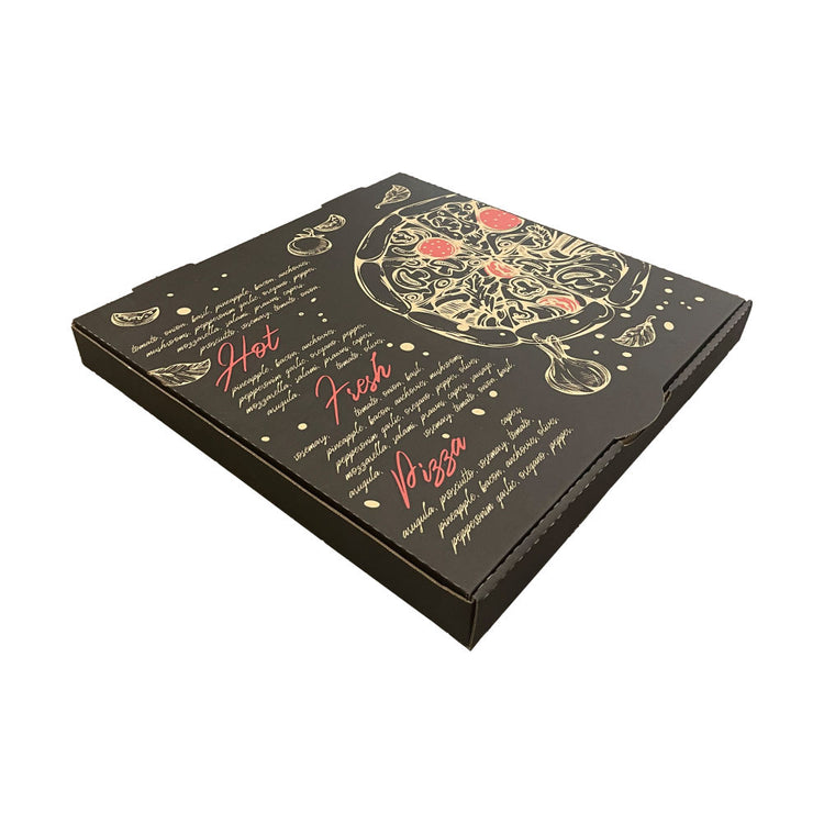 Pizza Box Gallery 13" x 42mm - Kraft/Design 10 - Black & Red - Hot Fresh Pizza