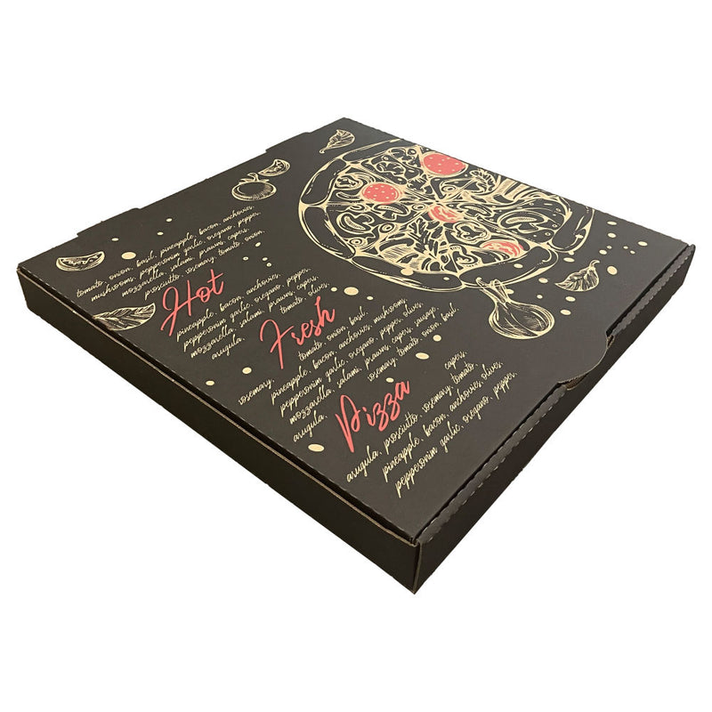 Pizza Box Gallery 15" x 42mm - Kraft/Design 10 - Black & Red - Hot Fresh Pizza